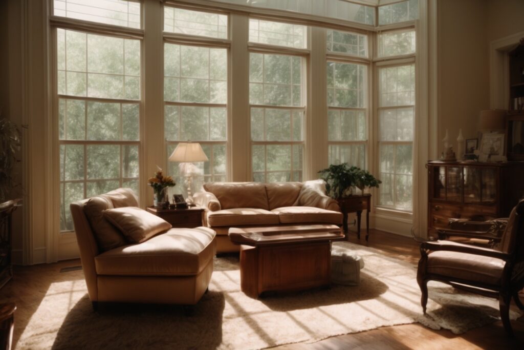 Dallas home with sun-damaged furniture and faded curtains through clear windows