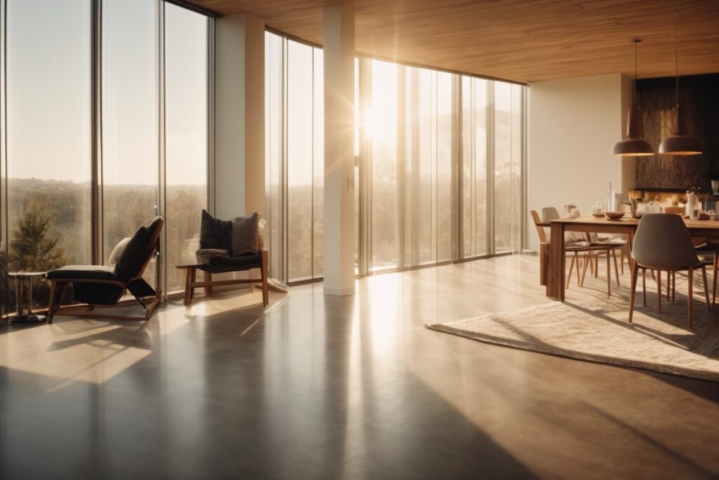 Residential interior with sunlight filtering through heat reduction window film