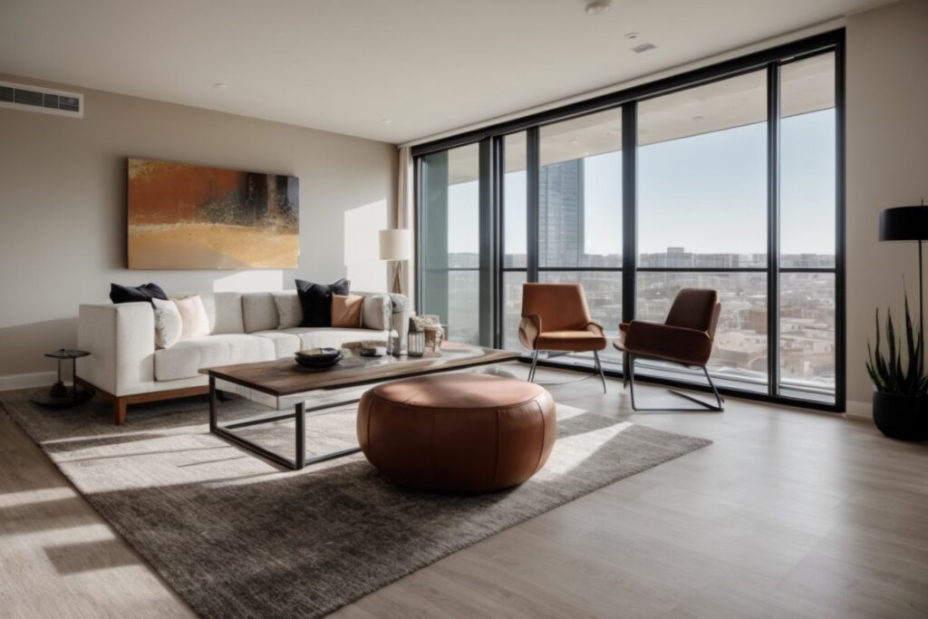 Dallas apartment interior with heat-blocking window film installed