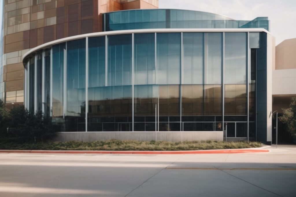 Dallas building with modern window tint film, energy-efficient and UV-protected