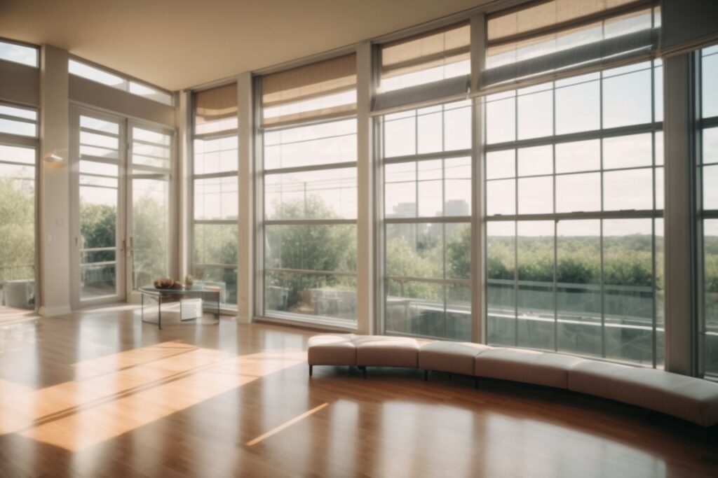 Interior view of a sunlit room with UV-protective window tinting in Dallas