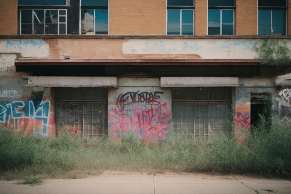 Dallas building with visible graffiti, showcasing need for anti-graffiti film