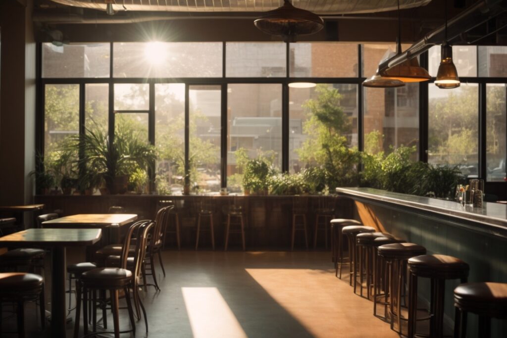Dallas cafe interior with sunlight filtering through custom window films