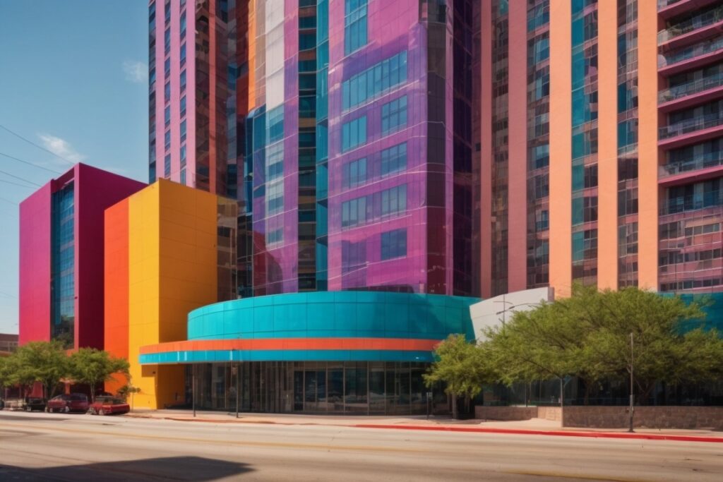 Colorful and vibrant Dallas buildings with dynamic building wraps