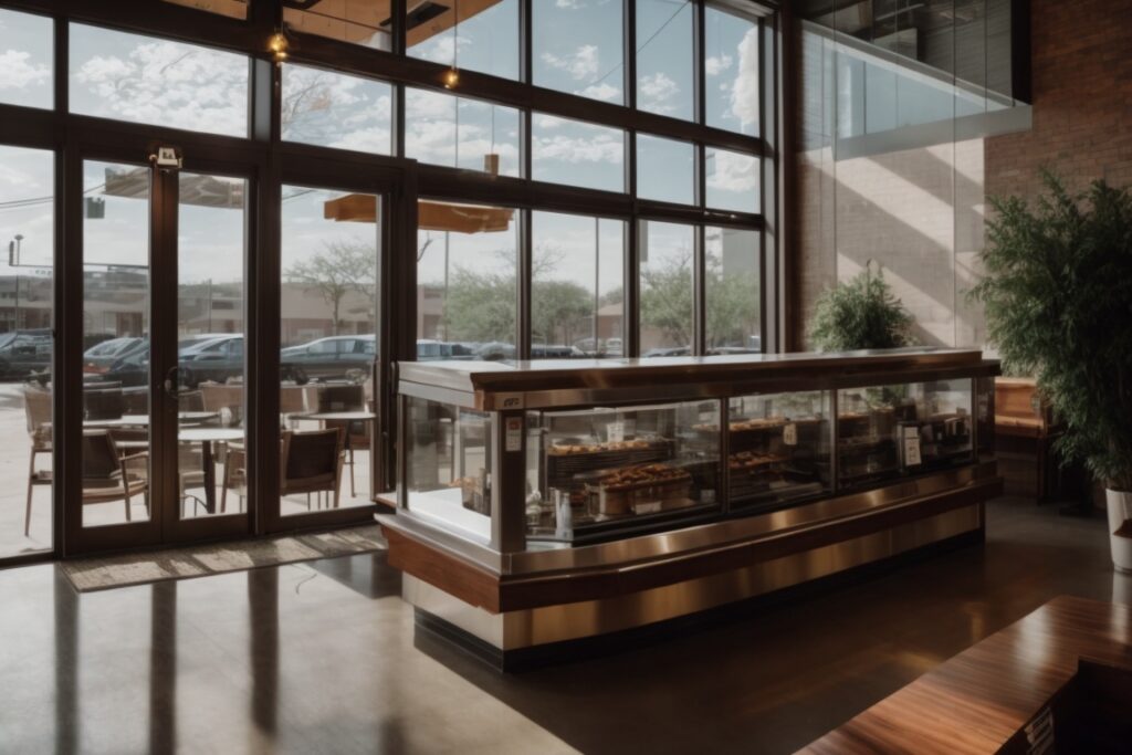 Café in Dallas with decorative window film reducing glare