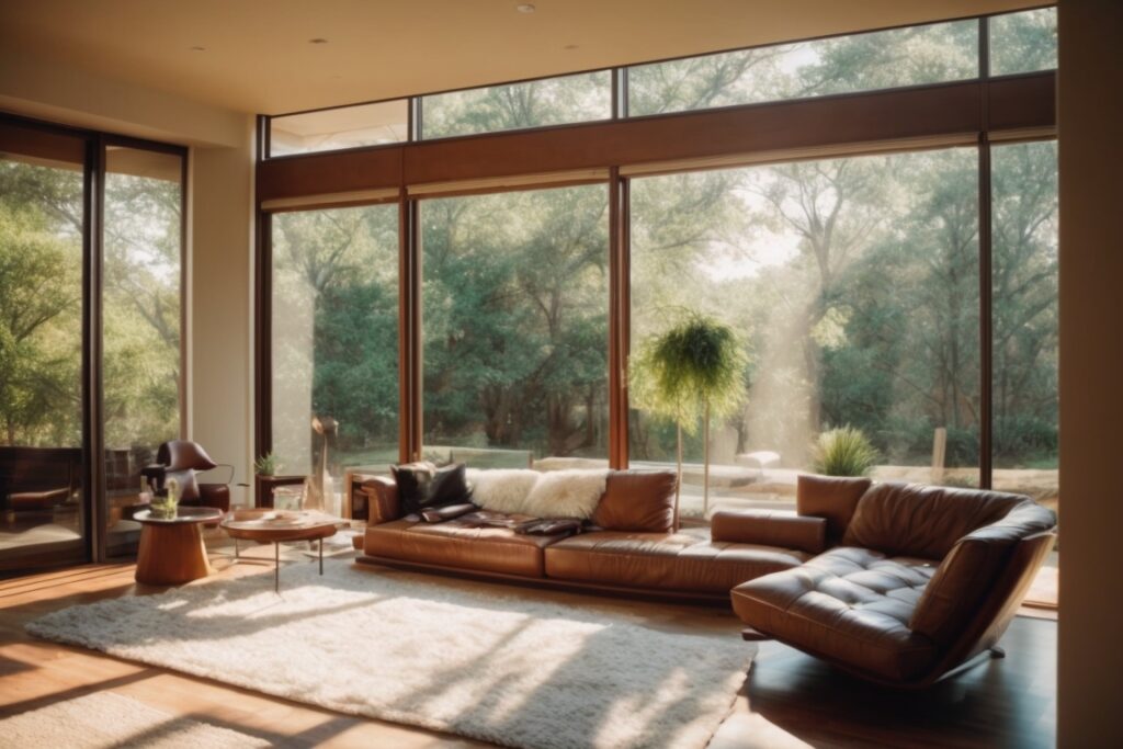 Dallas home interior with sunlight filtering through heat control window film