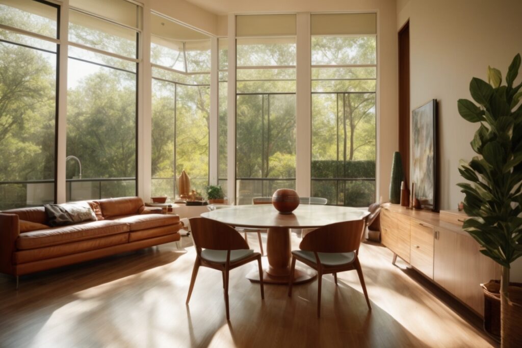 Dallas home interior with sunlight filtering through opaque windows, energy-efficient setting