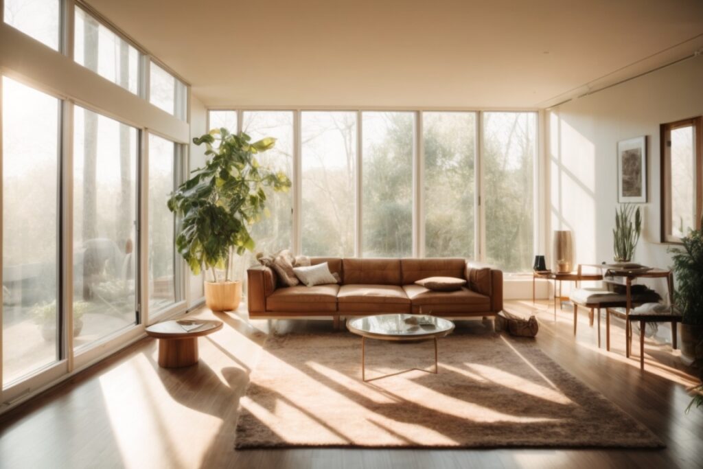 Interior of a bright living room with sunlight filtering through fading window film