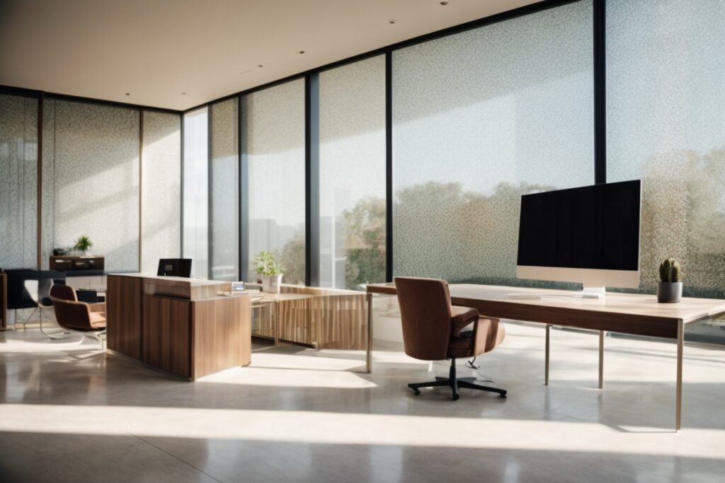 Dallas office with patterned window film, sunlight filtering through, modern furniture