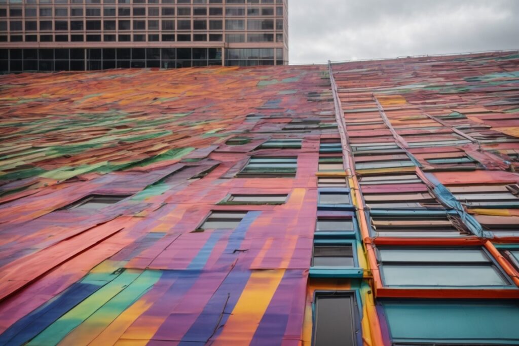 colorful vibrant building wrap on Dallas structure combating weather damage