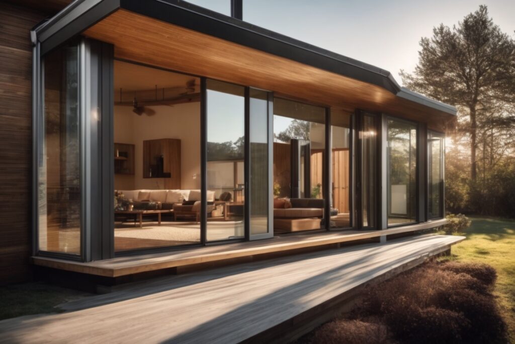 modern home with energy saving window film on large windows facing the sun