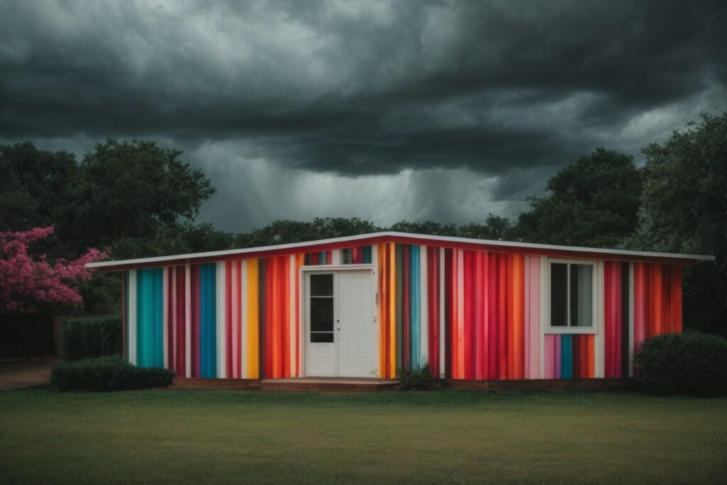 Colorful vinyl wrapped house in Dallas under stormy sky