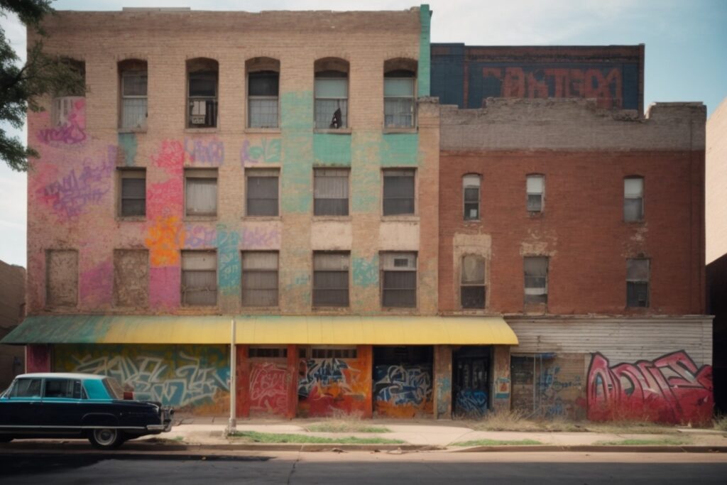 Dallas building with graffiti being removed, vibrant community background