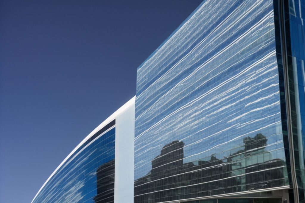 Dallas office building with reflective solar window film, reducing heat