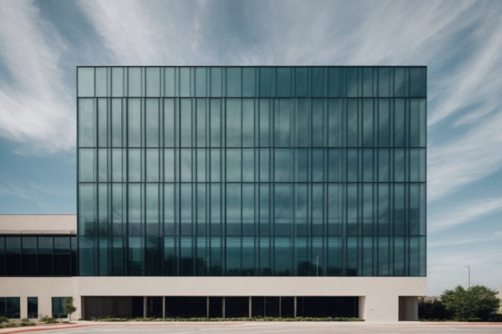 Modern Dallas commercial building with reflective window film