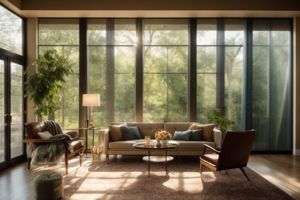 Dallas home interior with decorative window films, sunlight filtering through, enhancing privacy and aesthetics