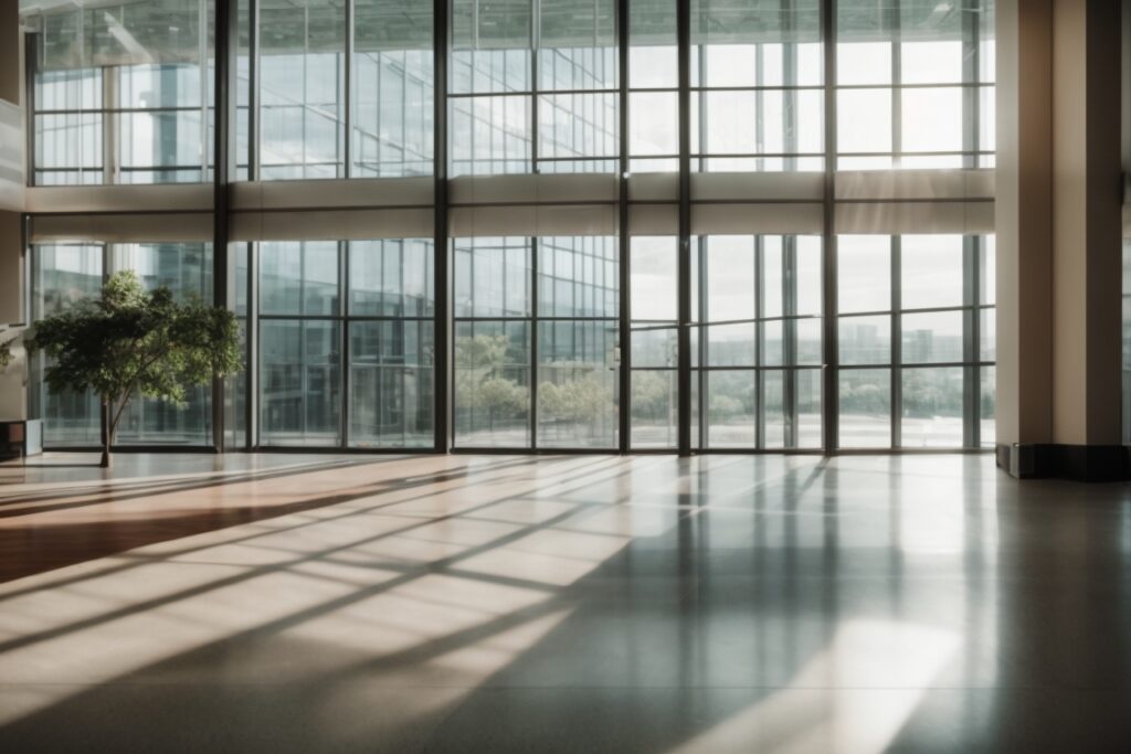 office building interior showing light filtering through low-e glass windows