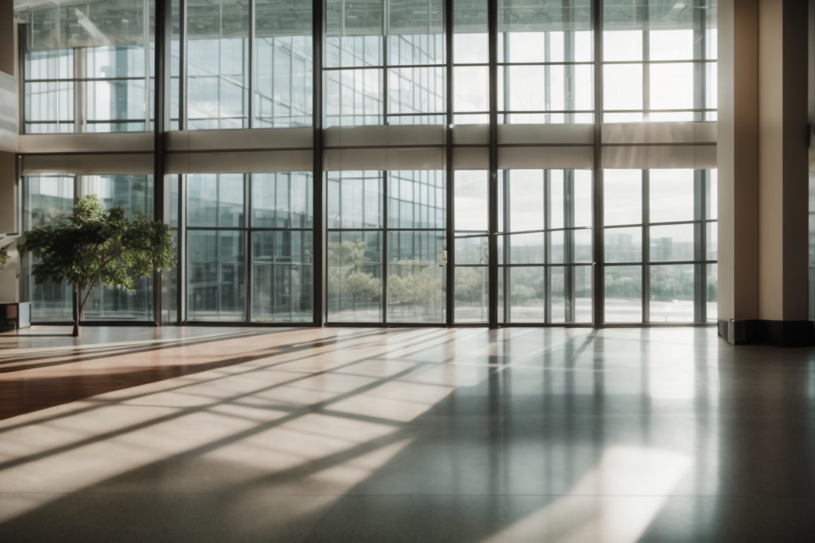 office building interior showing light filtering through low-e glass windows
