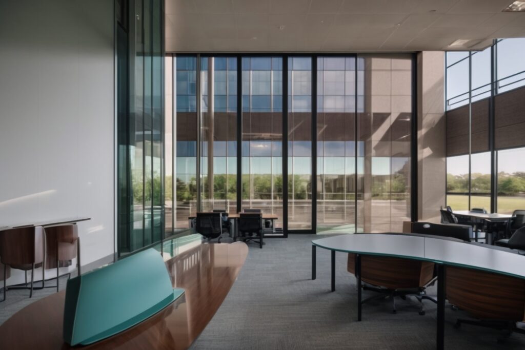 Dallas office building with commercial window films, vibrant interior, less glare