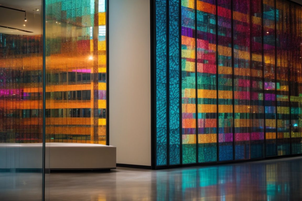 Dallas commercial building interior with colorful patterned decorative window films and vibrant lighting