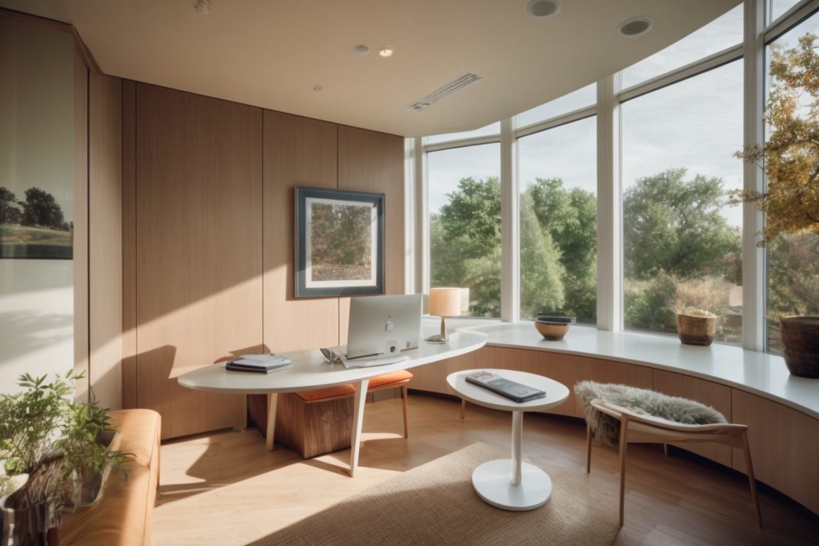 Dallas home office with window film, sunny interior, faded furnishings
