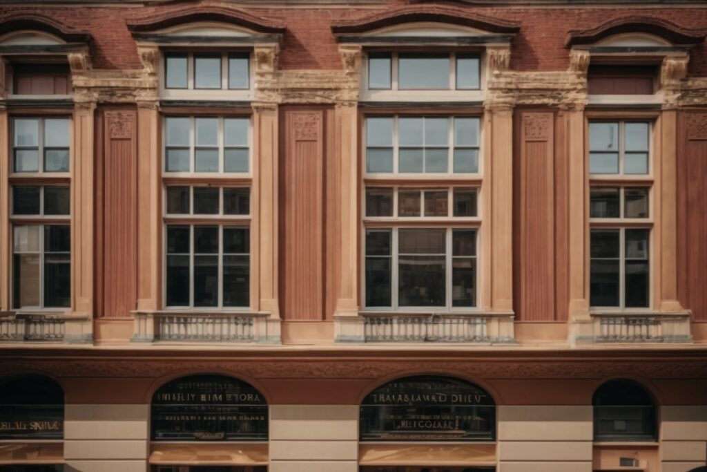 Exterior of historic Dallas building with decorative window film