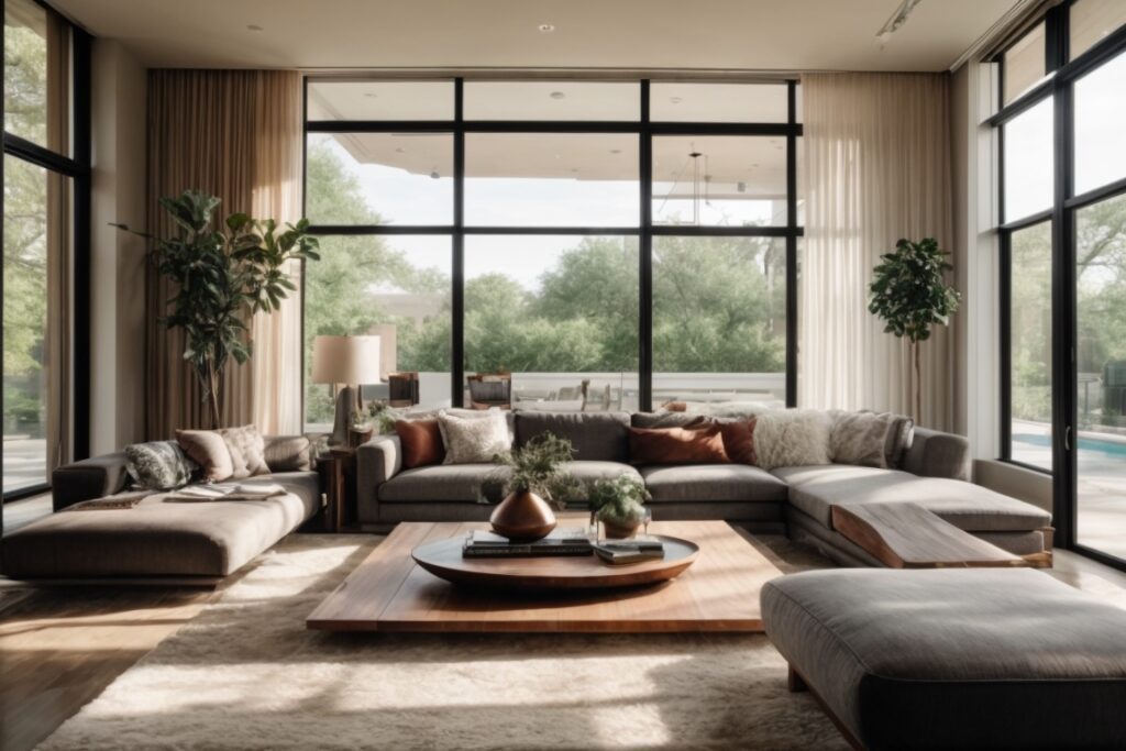Interior of a stylish living room in Dallas with visible heat control window film on large windows