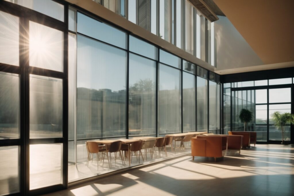 commercial interior with sun shining through heat reduction window films