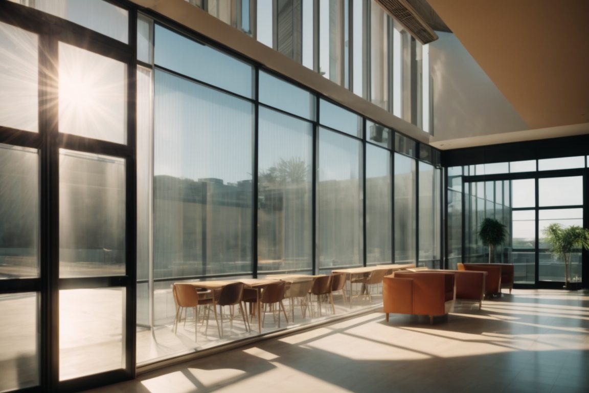 commercial interior with sun shining through heat reduction window films