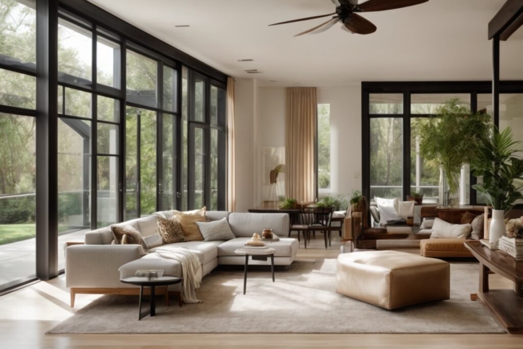 Dallas home interior with clear energy efficient window film, natural light flooding a living room