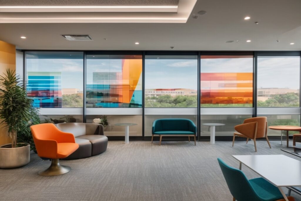 Decorative window films in a vibrant Dallas office interior featuring opaque windows