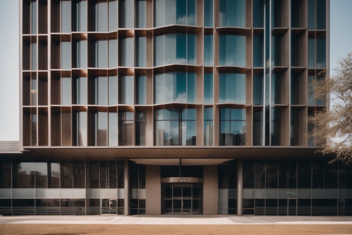 Dallas office building with thermal window film reducing glare and heat